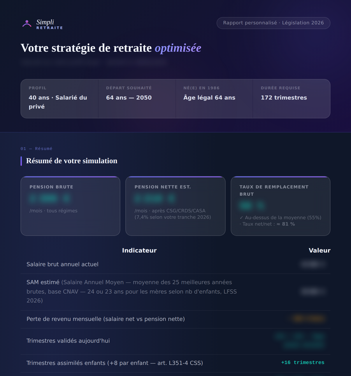 Aperçu réel des premières sections de votre rapport personnalisé : page de garde, résumé de pension et tableau détaillé